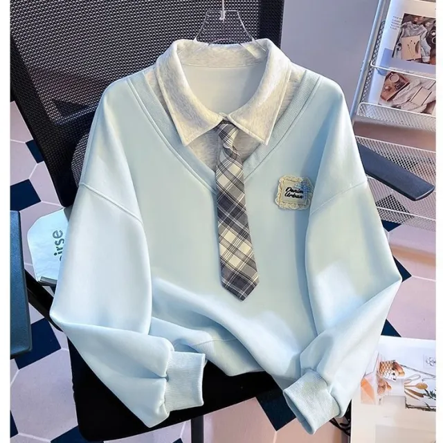 Fake Two piece Tie Polo Collar Sweater For Women Spring And Autumn New Loose fitting Non hoodie Blue - Shop at LoveMi