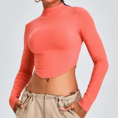 Women's Half Turtleneck Sports Top T-shirt - Orange - View 1