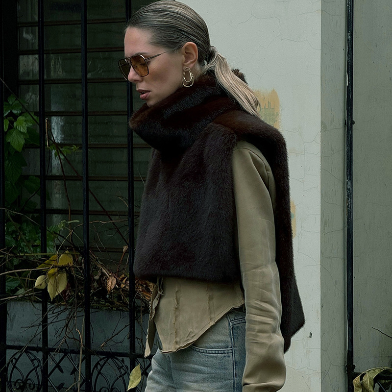 Brown Half Turtleneck Fur Waistcoat Sleeveless Top