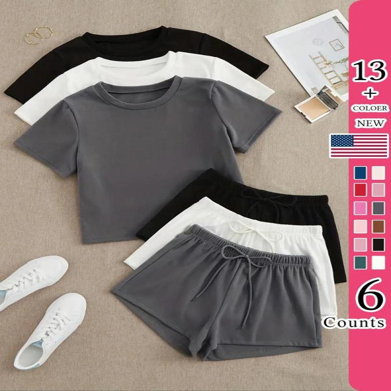 Casual Versatile Solid Color Short Sleeve Round Neck Shorts Casual Suit Afonz84 - Shop at LoveMi