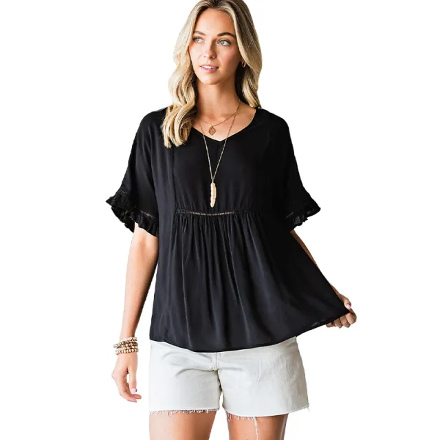 V neck Ribbon Ruffle Top Women's Short sleeved Pullover Black - Shop at LoveMi