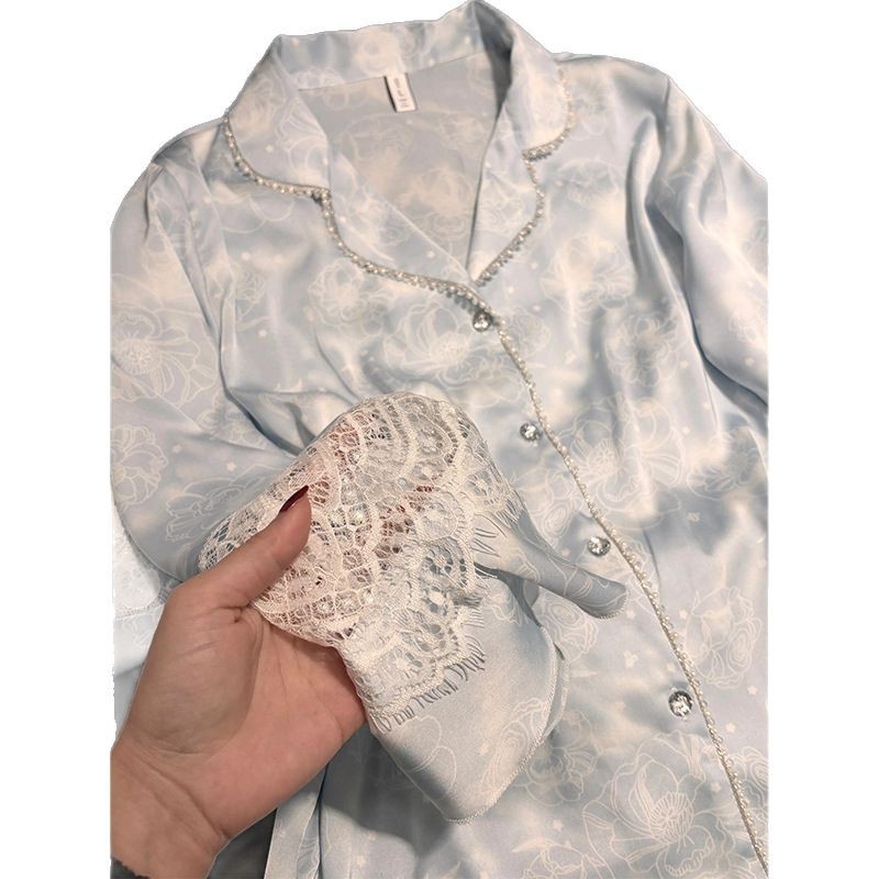 Women's French Simplicity Lace Ice Silk Long-sleeved Pajamas Suit