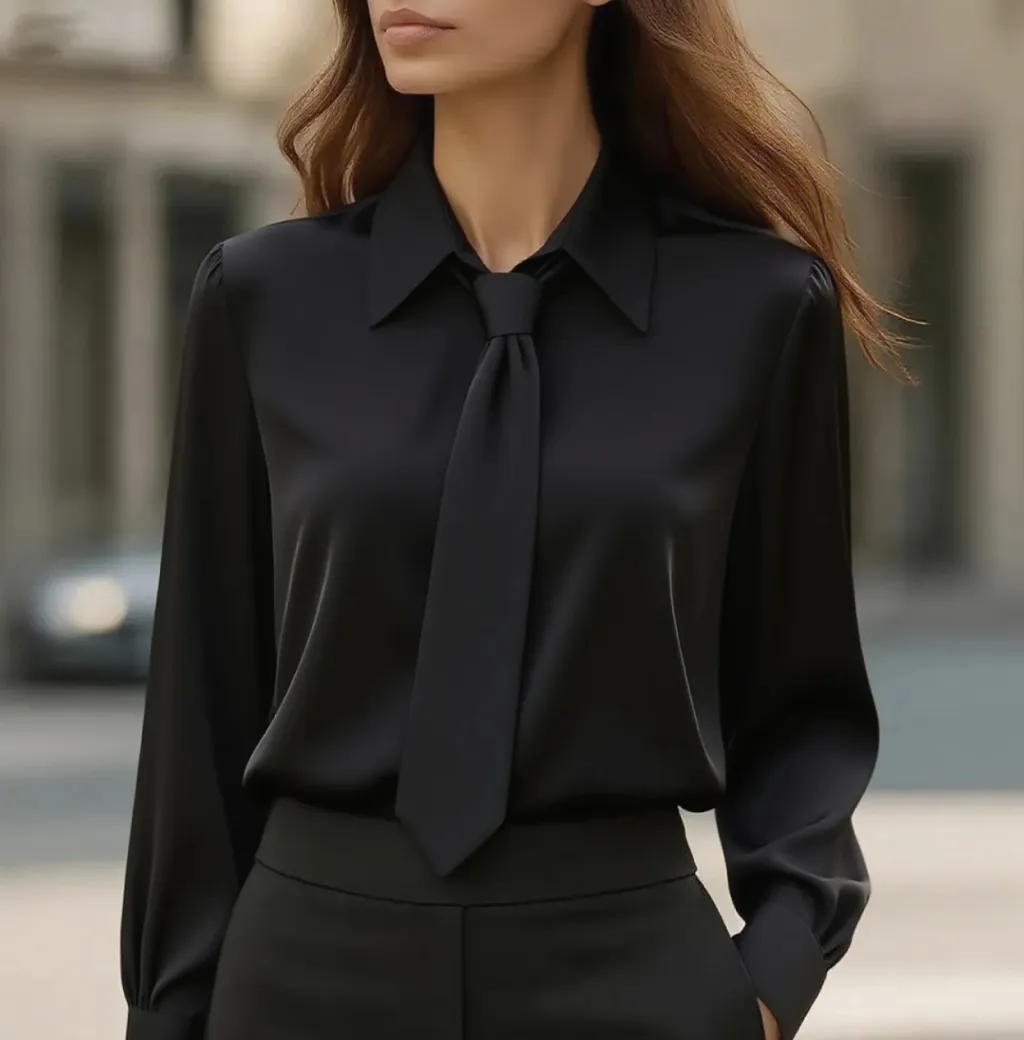 Solid Color Casual Tie Long Sleeve French Shirt Women's Shirt - Black