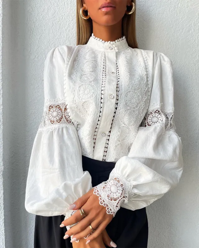 Women's Lace Patchwork Lantern Sleeve Casual Shirt White - Shop at LoveMi