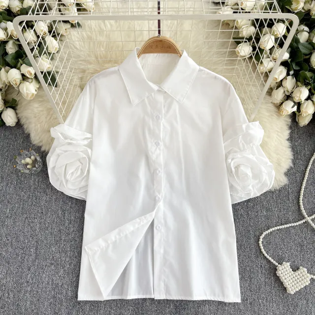 French Style Shirt Women's Design Three dimensional Flower Short Sleeve White - Shop at LoveMi