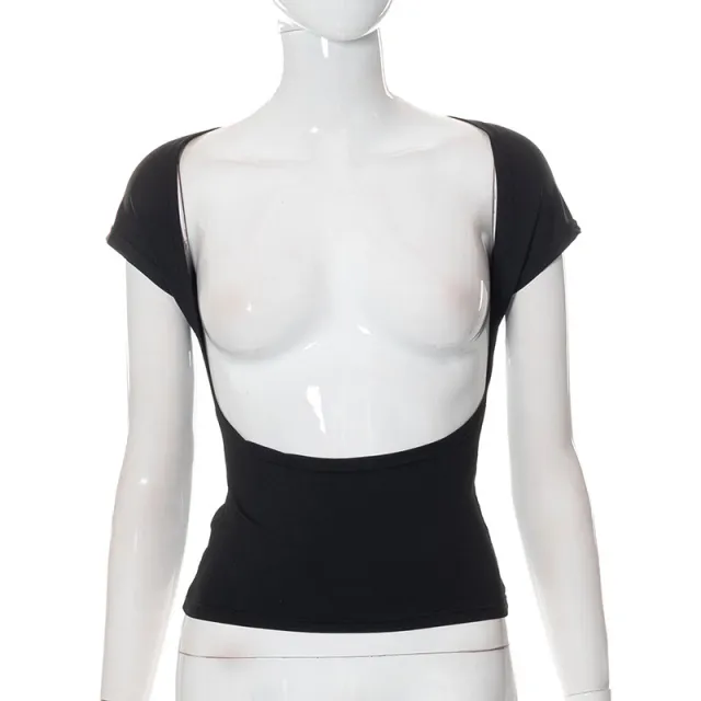 Solid Color Casual Hollow Backless Reverse Slim Top Black - Shop at LoveMi