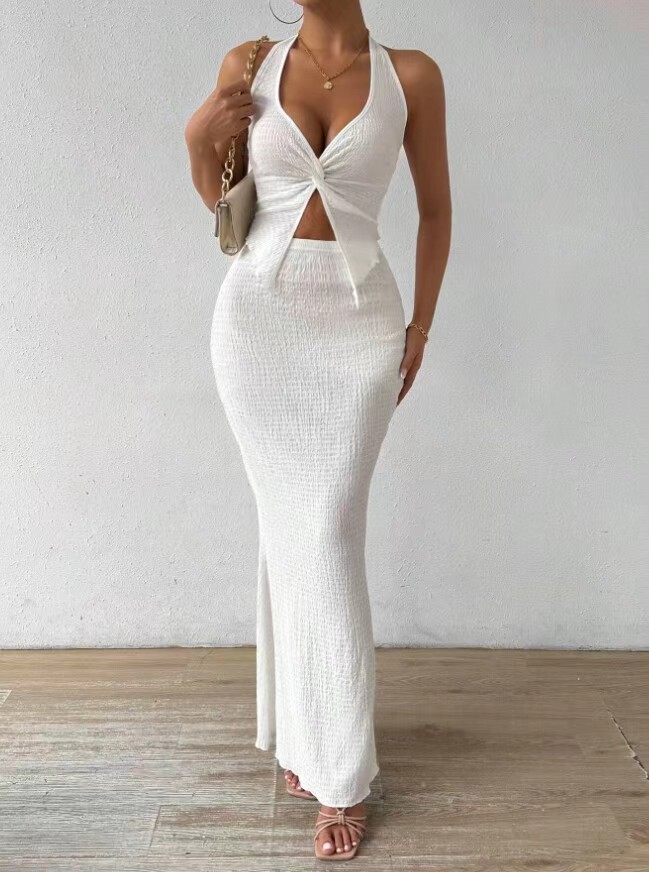 Women's Solid Color Twist Front Hanging On Neck Crop Top And Fishtail Midi Skirt White - Shop at LoveMi