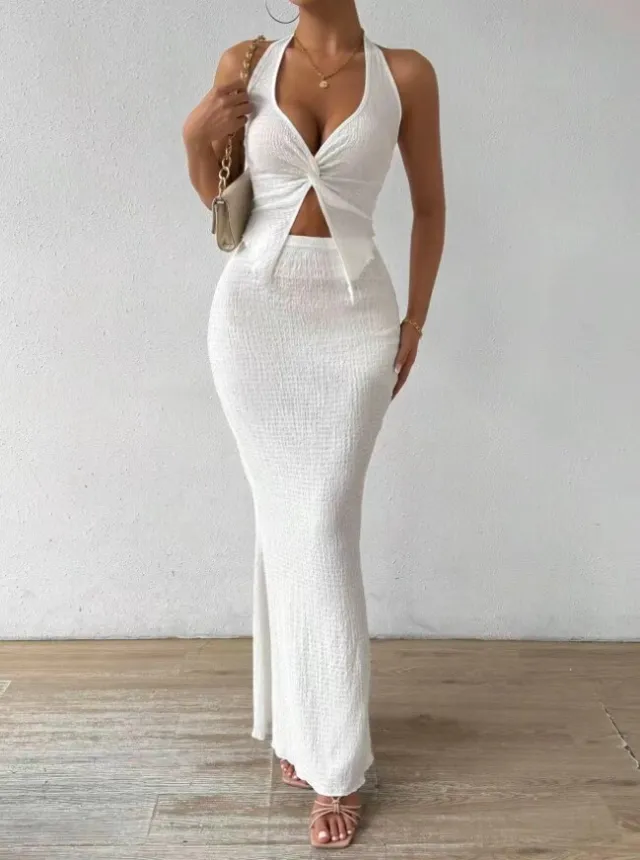 Women's Solid Color Twist Front Hanging On Neck Crop Top And Fishtail Midi Skirt White - Shop at LoveMi
