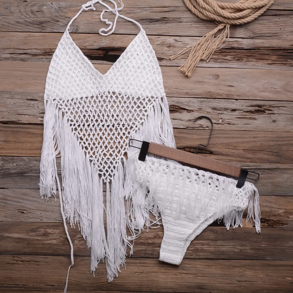 Hand-woven Beach Hollow Tassel Split Swimsuit Set Sales - White