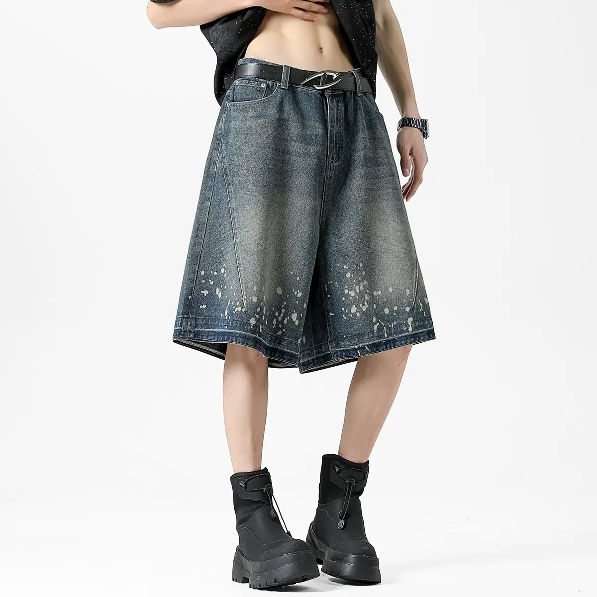 Retro Washed Ripped Splash Ink Five Points Denim Men's Shorts
