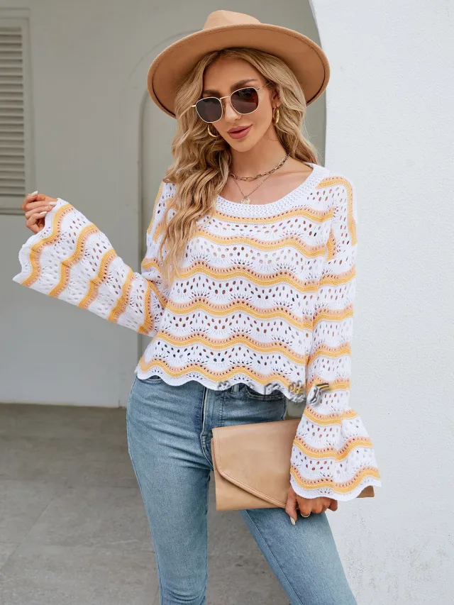 Round Neck European And American Knitted Striped Sweater Yellow - Shop at LoveMi
