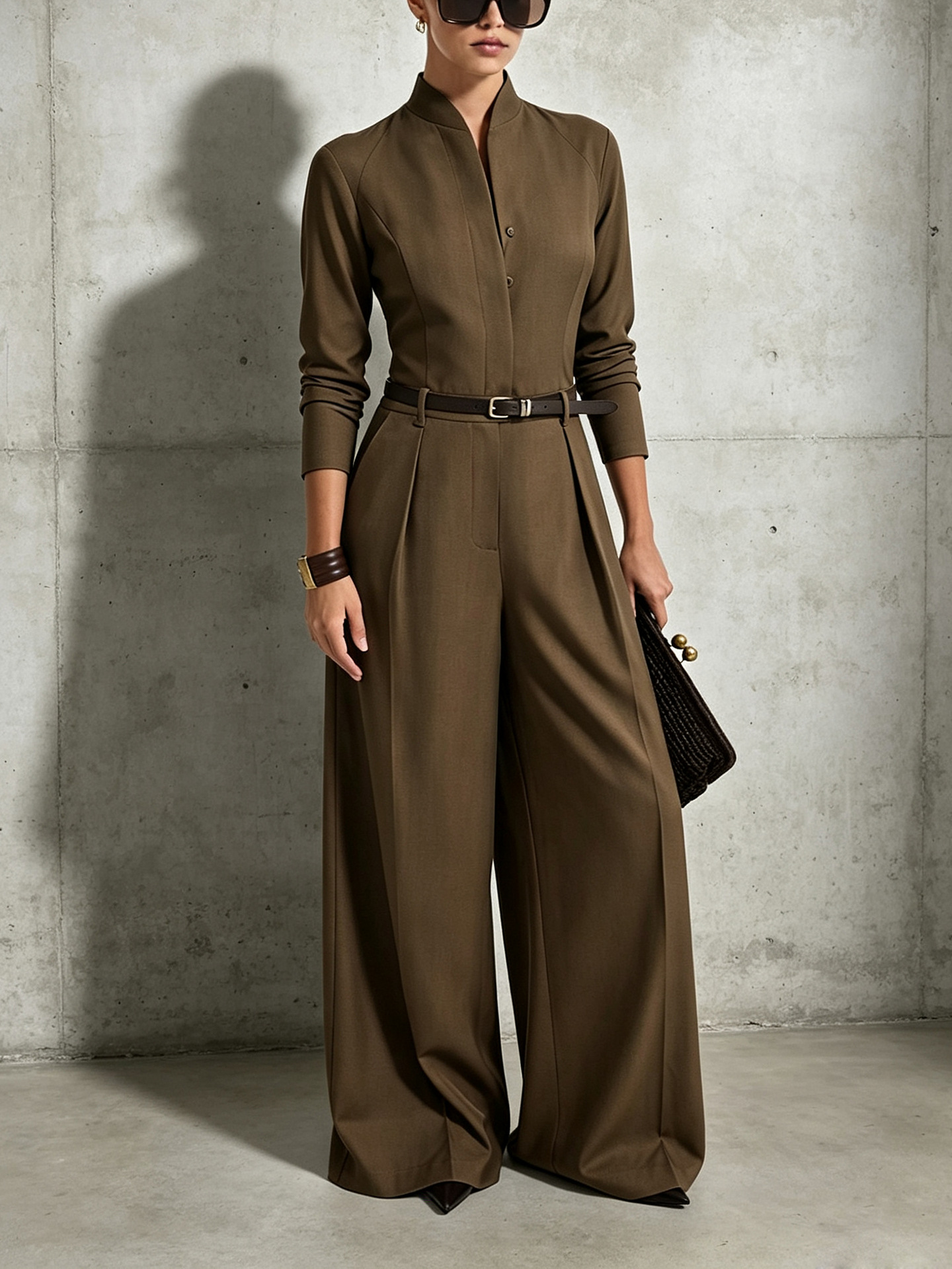 High-end Womens Jumpsuit With A Stand-up Collar And Long Sleeves