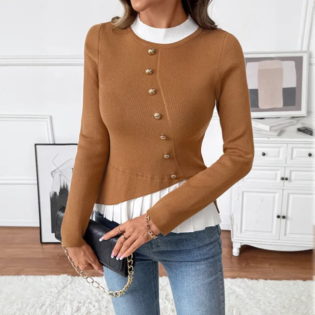 Color Contrast Patchwork Slim Fit Knitted Pullover Sweater Khaki - Shop at LoveMi
