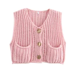Women's Pocket Sleeveless Short Knitted Cardigan Vest Shirt - Pink - View 1