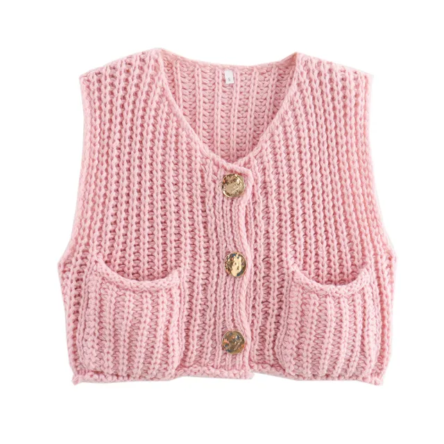 Women's Pocket Sleeveless Short Knitted Cardigan Vest Shirt Pink - Shop at LoveMi
