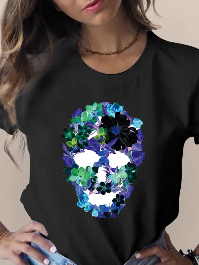 Women's Skull Flower Printed Round Neck Short Sleeve T shirt Black 4061 - Shop at LoveMi