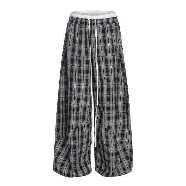 Retro Contrasting Colors Effortless And Relaxed Plaid Autumn Loose Wide leg Trousers Plaid S - Shop at LoveMi