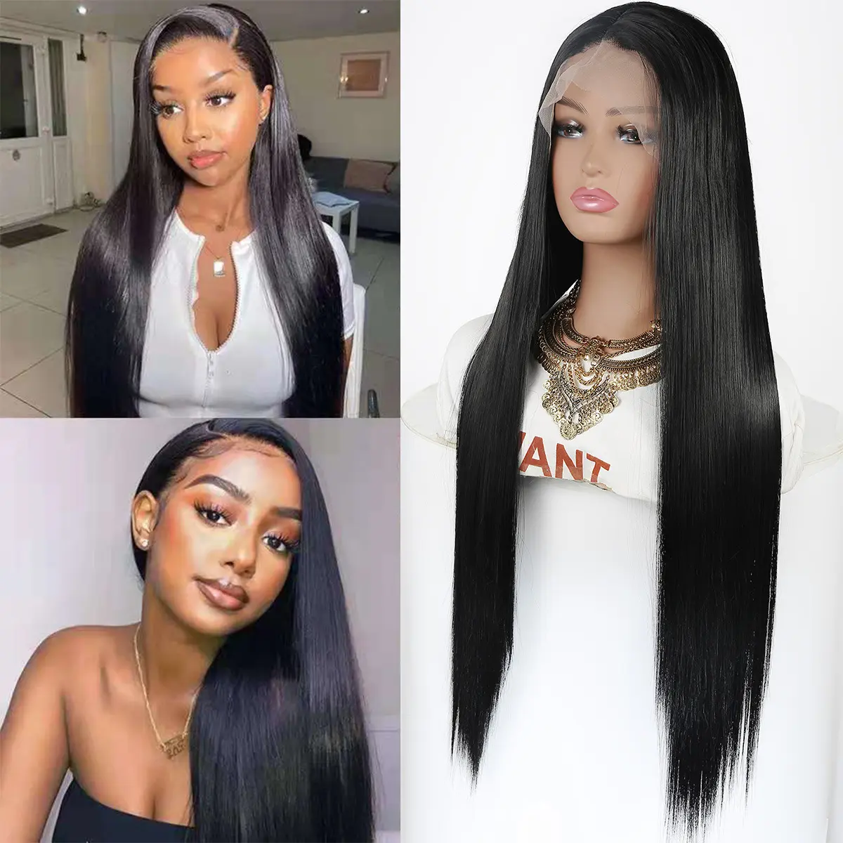 Mid-length Straight Hair Hand-woven Front Lace Synthetic