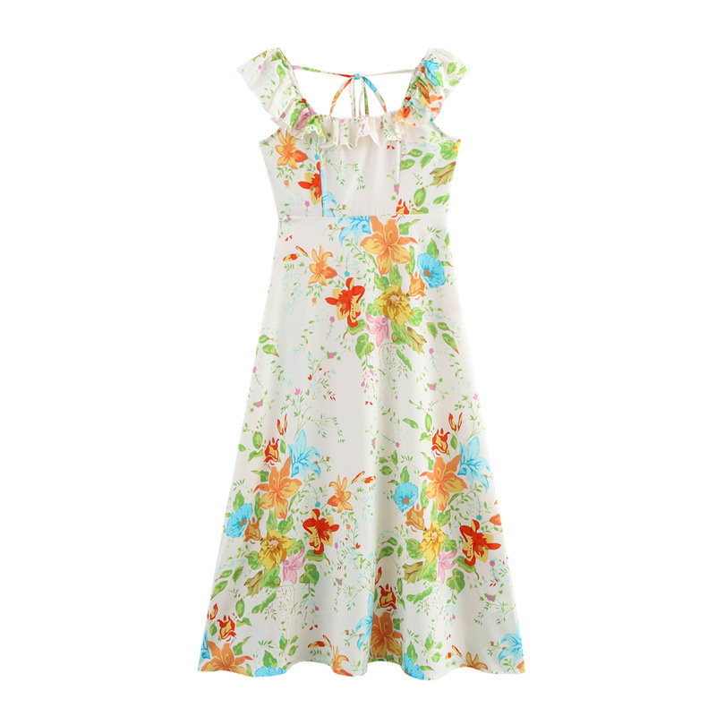 French Retro Floral Floral Print Ruffled Square Collar Sleeveless Jumpsuit