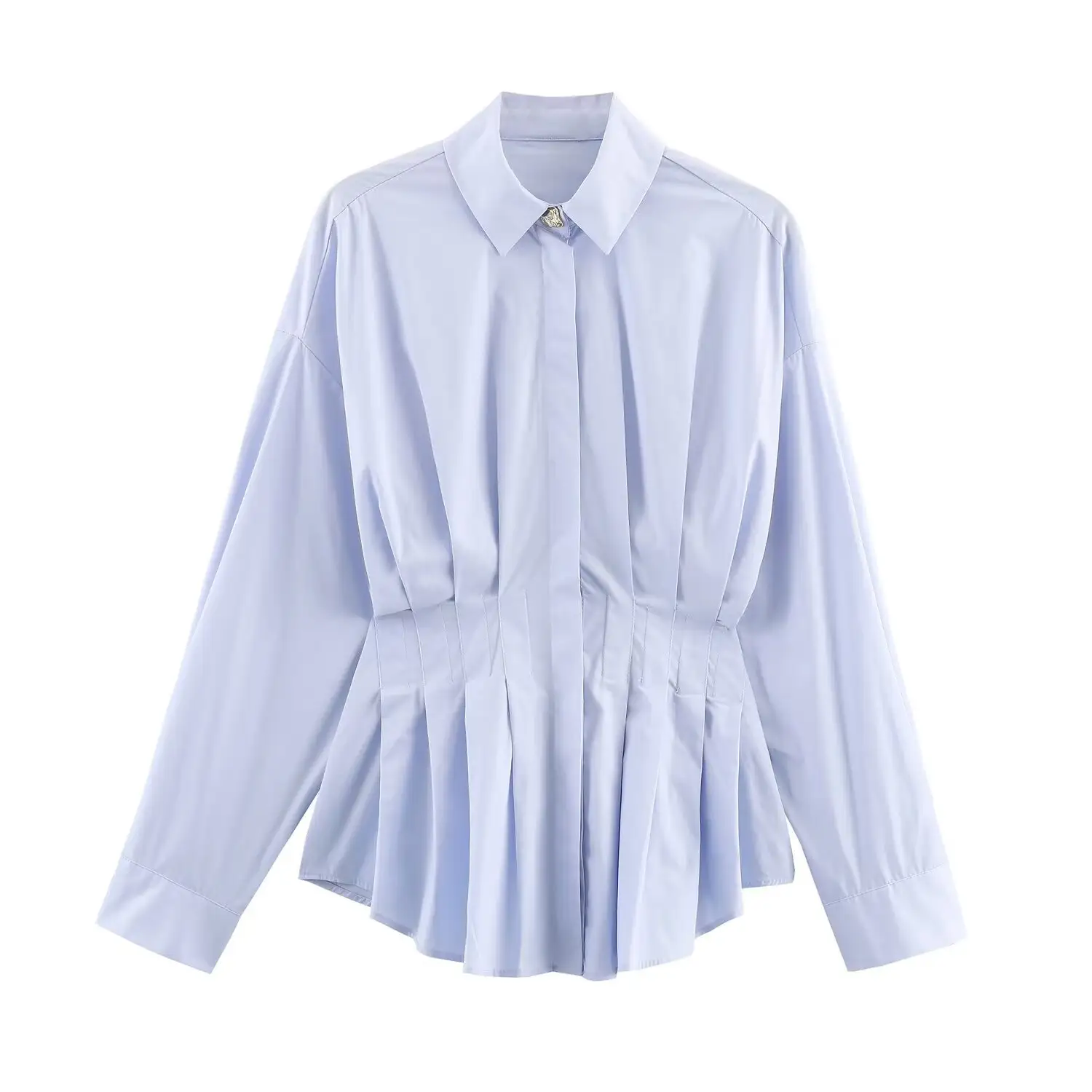Womens Designer All-Season Long-Sleeve Pleated Poplin Shirt
