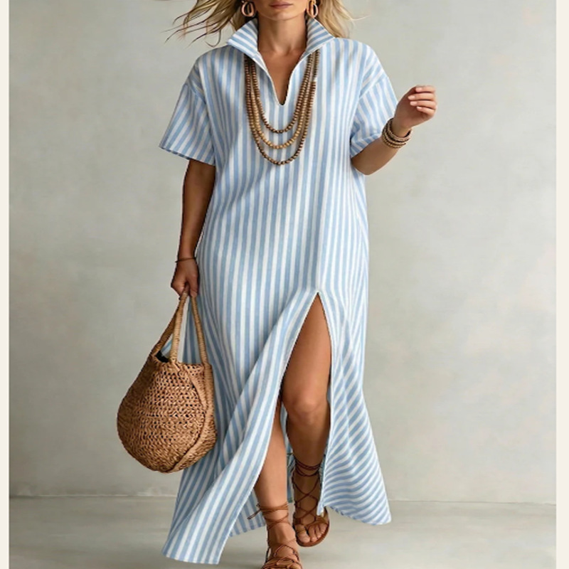 Women's Striped Maxi Dress – V-Neck and Slit Detail Close-Up