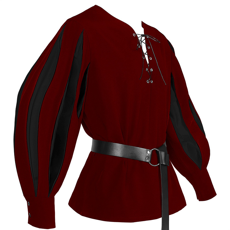 Retro Color Matching Lace Up Collar Shirt Clothing For Women Red And Black Without Belt - Shop at LoveMi