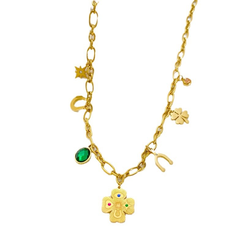 European And American Titanium Steel Necklace Female Ginkgo Leaf Letters Emerald Zircon