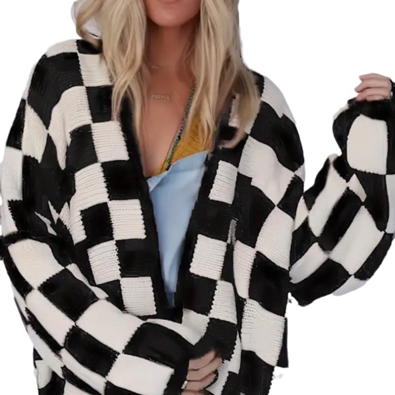 Contrast Color Checkerboard Sweater Cardigan Black - Shop at LoveMi