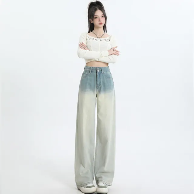Gradient Design Straight leg Pants Wide Leg Women's Clothing Gradient Blue Lengthened - Shop at LoveMi