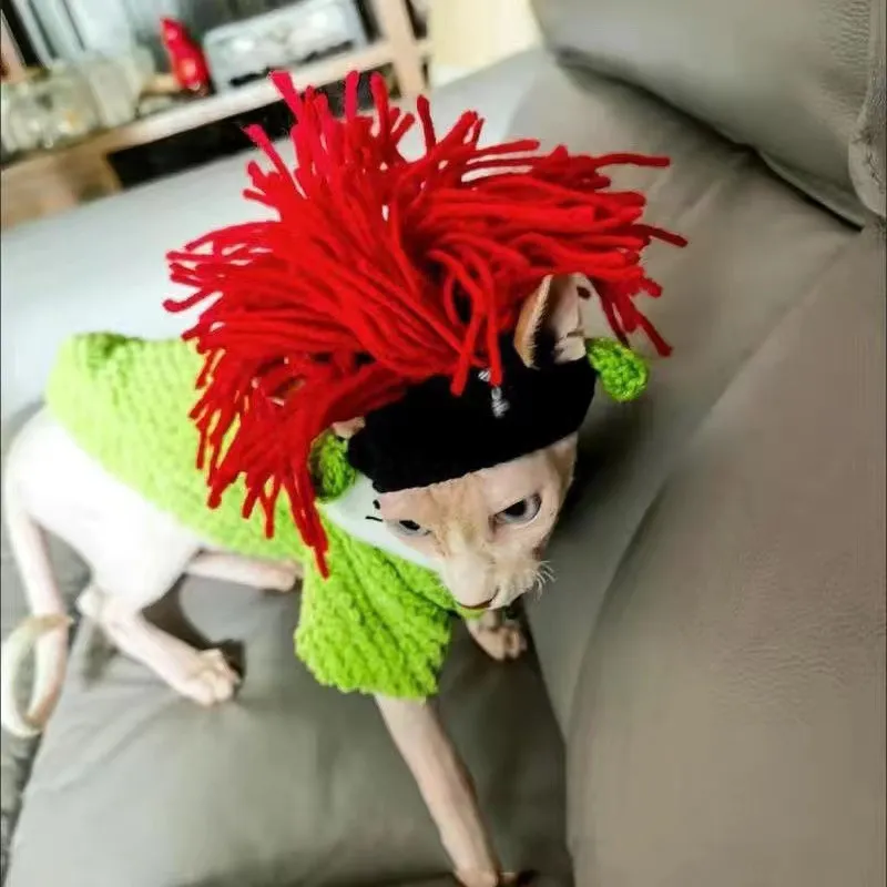 Wool Pet Hood Dogs And Cats Knitted Hat Prop Headdress - Red Hair And Black Background