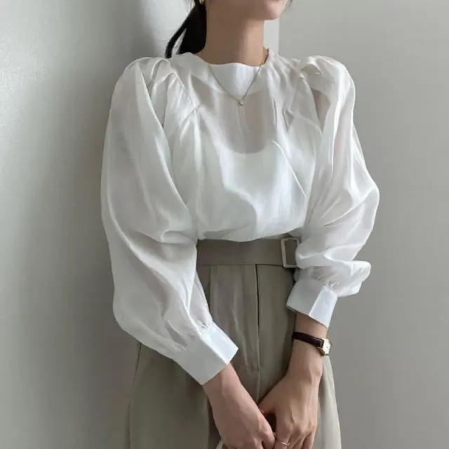 Women's Solid Color French Simplicity Round Neck Puff Sleeve Shirt White - Shop at LoveMi