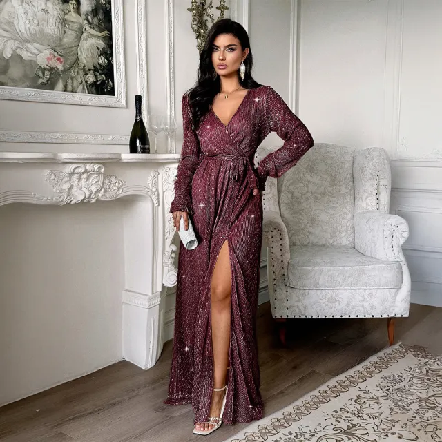 Elegant Holiday Long Sleeve Waist Dress Women's Clothing Red - Shop at LoveMi