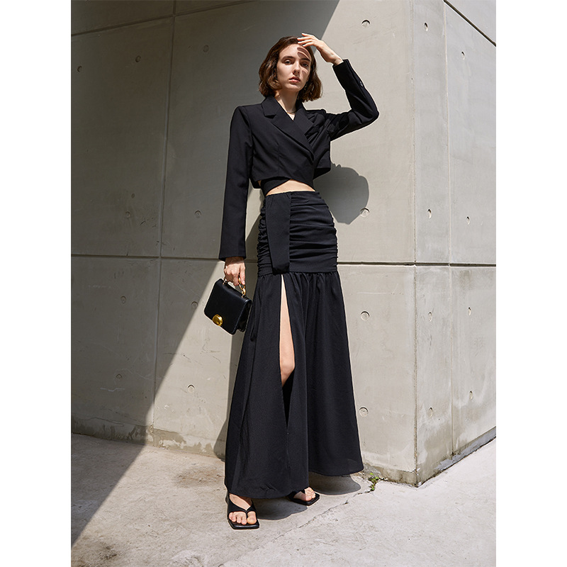 Black Slit Sheath A- Line Skirt Slim Fit High Waist Dress