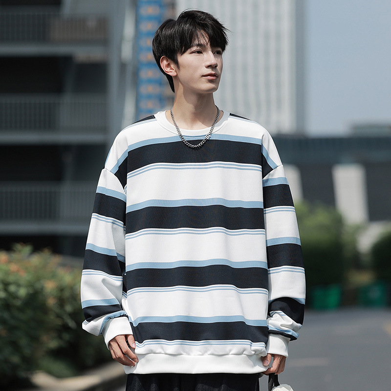 New Autumn Striped Loose Crew-Neck Mens Sweatshirt