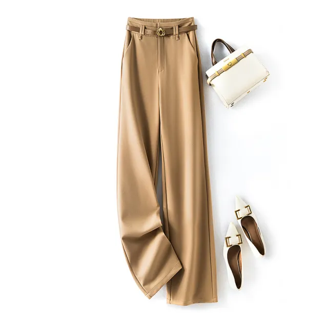 Narrow Wide leg Pants Women's Autumn New Straight Loose Casual Suit Pants Khaki With Belt - Shop at LoveMi