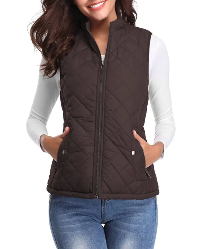 Women's Cotton Vest Stand Collar Zipper Pocket Warm Brown - Shop at LoveMi