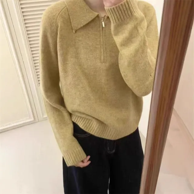 Lapel Half Zipper Solid Color Sweater For Women Loose Pullover Yellow - Shop at LoveMi