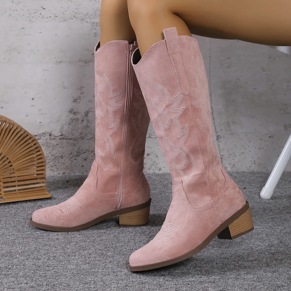 Women's Retro Pointed Toe Chunky Heel Solid Color Side Zipper Mid-calf Cowboy Boot - Pink