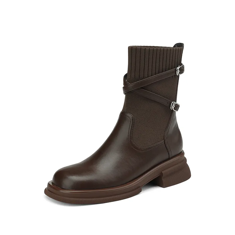 Autumn And Winter New Retro Slimming Stitching Elastic Booties Women - Brown