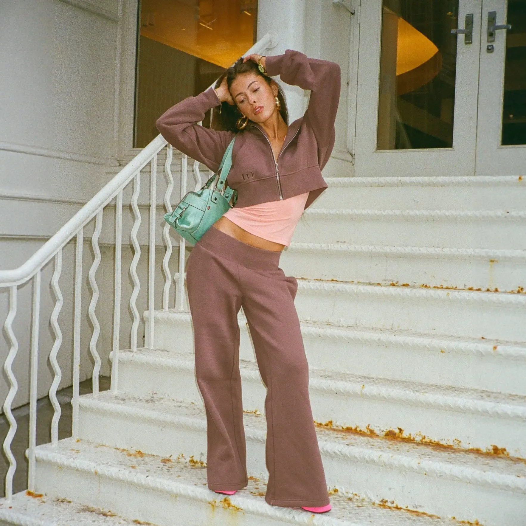 Womens Cropped Zip-up Hoodie And Pants Set
