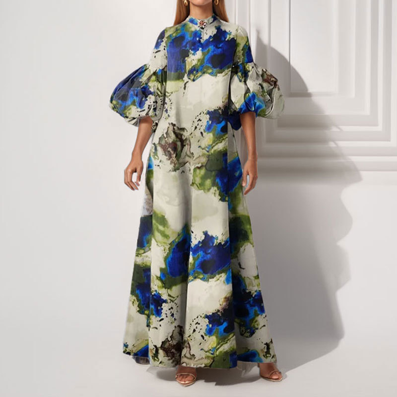 Loose Printed Painted Large Swing Puff Sleeve Dress