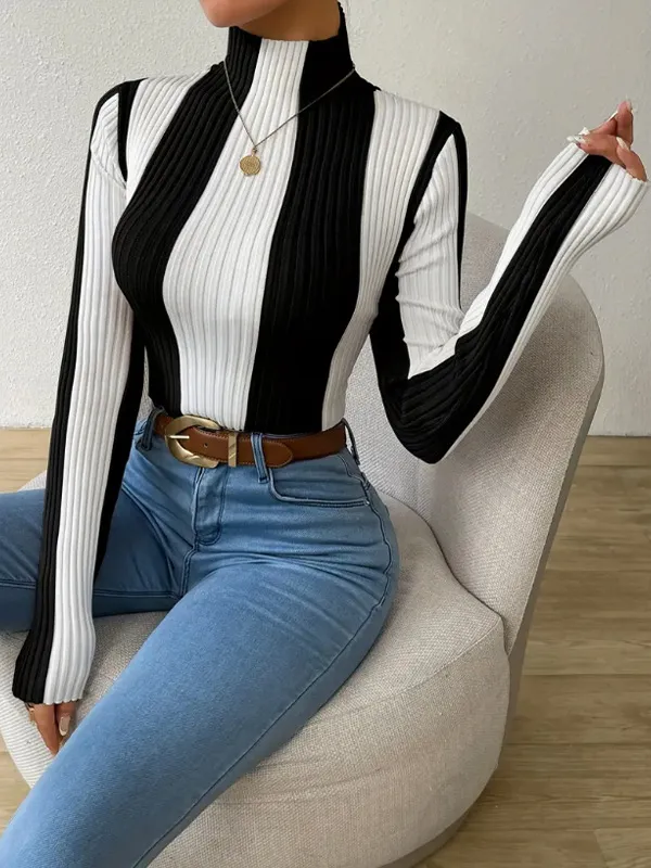 Women's Spring And Autumn Classic Black And White Contrast Color Vertical Pattern Sweater Black - Shop at LoveMi