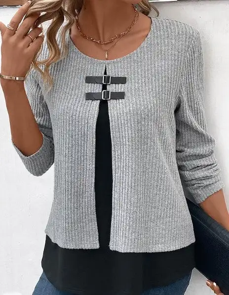 Sunken Stripe Fake Two Pieces Leather Ring Design Long Sleeve Knitted Gray - Shop at LoveMi