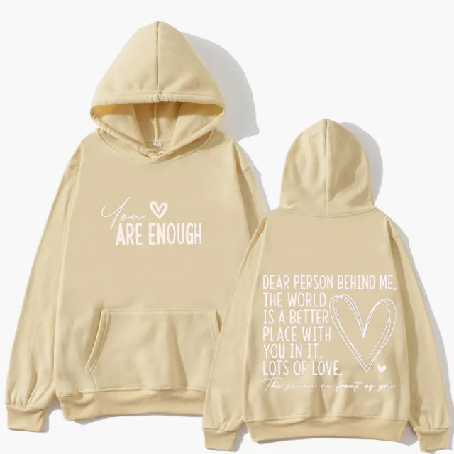 New YOU ARE ENOUGH Lettered Casual Hoodie Khaki White Logo - Shop at LoveMi