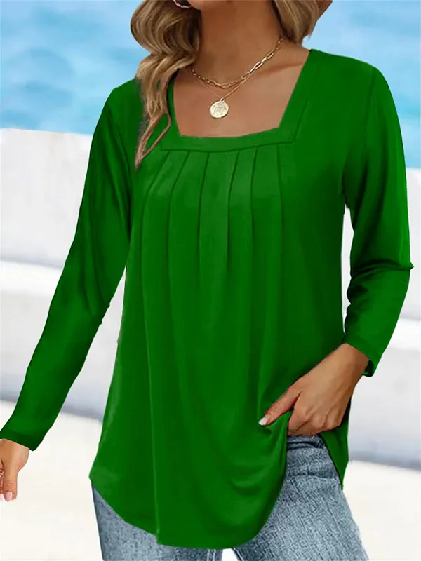 Women's Pleated Square Collar Long Sleeve Imitation Cotton Large Size T shirt Green - Shop at LoveMi