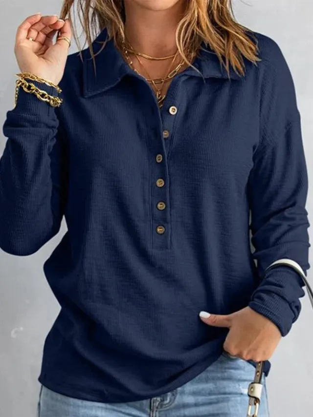 Long Sleeve Loose Casual Bottoming Top Autumn And Winter Dark Blue - Shop at LoveMi