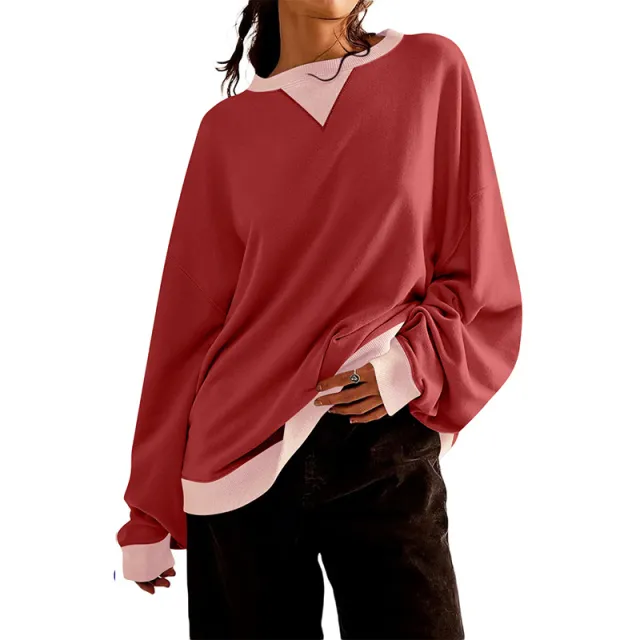 Loose Casual Contrast Color Sweater For Women Brick Red - Shop at LoveMi