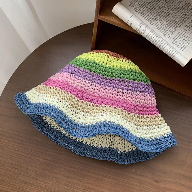 Rainbow Straw Bucket Hat Women's Summer Breathable Sun proof Sun Protection Blue - Shop at LoveMi