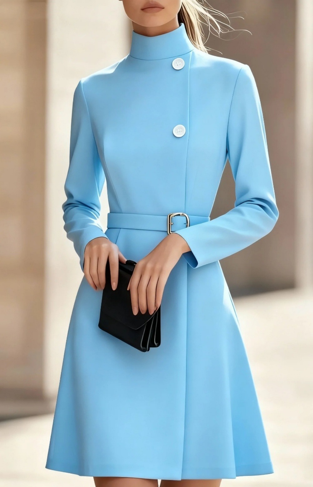 Autumn And Winter High collar Temperament Commuting Waist slimming A line Midi Dress For Women Sky Blue - Shop at LoveMi