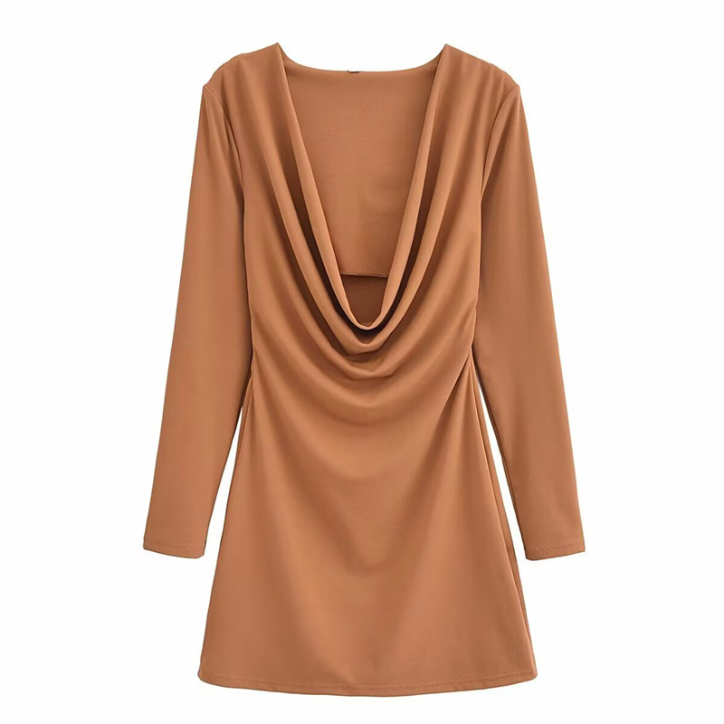 New Summer Design Tight Waist Pleated Draped Collar Long Sleeve Short Dress Picture Color - Shop at LoveMi